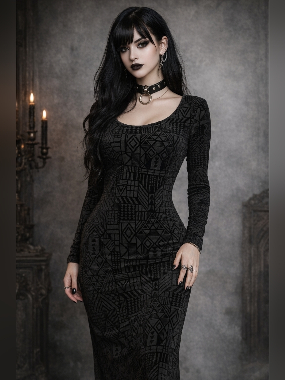 Long sleeve scoop neck black velvet burnout maxi bodycon goth dress sz Small